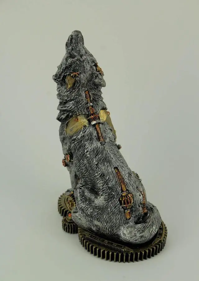 Alt view image 3 of 3 - Mechanical Steampunk Howling Wolf Cyborg Dog Resin Statue 7.5 Inches High