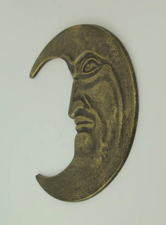 Alt view image 2 of 3 - Bronze Finish Cast Iron Crescent Man in the Moon Face Indoor Outdoor Wall Hanging Celestial Decor 11.75 Inches High - Perfect for Bedrooms, Porches and Patios