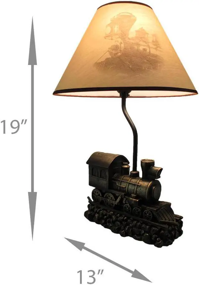 Alt view image 5 of 5 - "Light in the Tunnel" Vintage Steam Engine Train Table Lamp with Shade - Rustic Railroad Locomotive Nightstand Light with Bronze Finish -19 Inches High