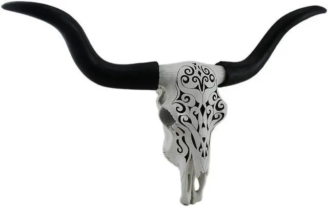 Main image of Longhorn and Lace Exquisite Black & White Filigree Hand-Painted Design Steer Skull Wall Decor - 27.25 Inches Long - Western Charm Meets Art Deco Elegance