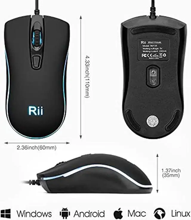 Alt view image 7 of 7 - Rii RM105 Wired Mouse,Computer Mouse with Colorful RGB Backlit,1600 DPI Levels,Comfortable Grip Ergonomic Optical ,USB Wired Mice Support Windows PC, Laptop,Desktop,Notebook,Chromebook (2PACK)