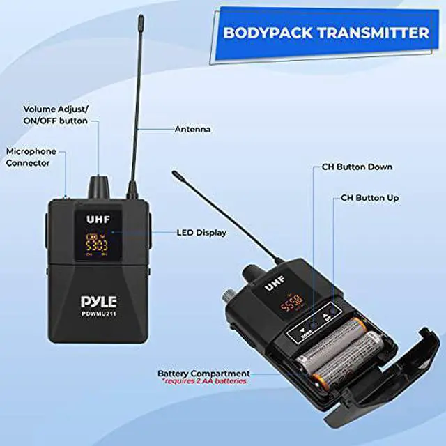 Alt view image 6 of 7 - Dual UHF Wireless Microphone System - Portable Professional Cordless Microphone Set Wireless Mic Kit w/Headset Mic, Lavalier Mic, Beltpack Transmitter, Receiver - Karaoke & Conference - Pyle PDWMU211