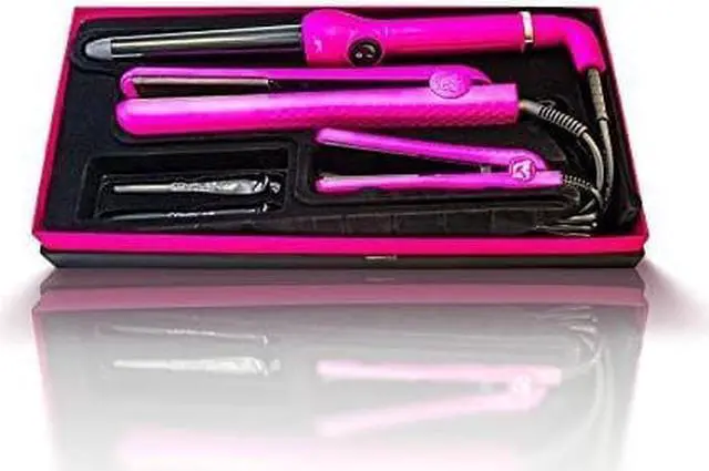 Alt view image 2 of 6 - Royale Hot Pink Full Set - 25-18 mm Clipless Tourmaline Curling Iron + Mini Flat Iron - Travel Size + Classic Hair Straightener