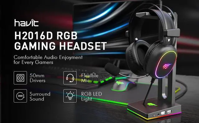 Alt view image 2 of 3 - Havit H2016D 3.5mm Jack+USB power 50mm drive Stereo Surround Sound Gaming Headset with LED light and HD Mic_Black color