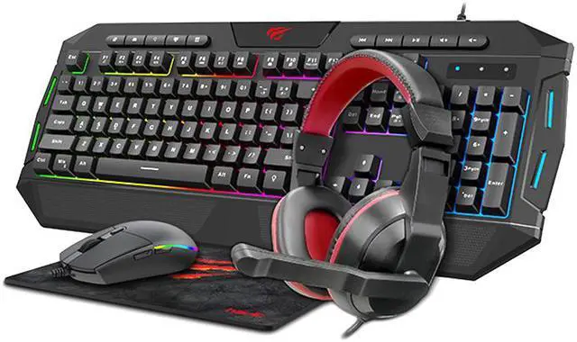 Main image of Havit 4-in-1 RGB lighting Mouse + LED Backlit 114-key Multimedia gaming keyboard + 3.5mm Headset + Fine mesh cloth Mouse Pad combo Set