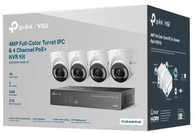 Alt view image 2 of 11 - TP-LINK VIGI NK4P-T4425-2T 4pcs 4MP Full-Color Turret IPC & 4 Channel PoE+ NVR KIT with 2TB HDD installed