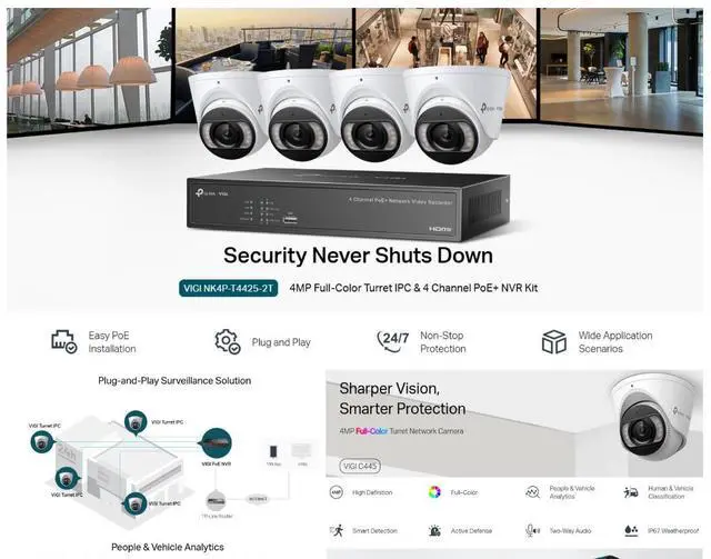 Alt view image 4 of 11 - TP-LINK VIGI NK4P-T4425-2T 4pcs 4MP Full-Color Turret IPC & 4 Channel PoE+ NVR KIT with 2TB HDD installed