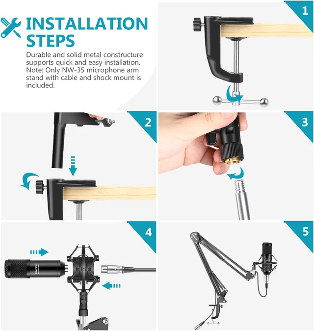 Alt view image 3 of 7 - Neewer NW-35 Metal Suspension Boom Scissor Arm Stand with Built-in XLR Male to Female Cable, Shock Mount and Table Mounting Clamp (Black)