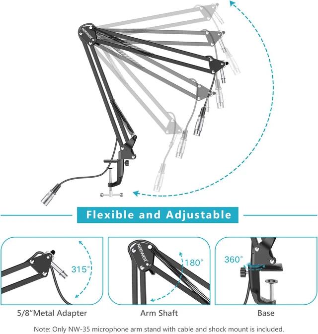 Alt view image 4 of 7 - Neewer NW-35 Metal Suspension Boom Scissor Arm Stand with Built-in XLR Male to Female Cable, Shock Mount and Table Mounting Clamp (Black)