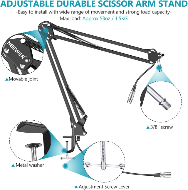 Alt view image 5 of 7 - Neewer NW-35 Metal Suspension Boom Scissor Arm Stand with Built-in XLR Male to Female Cable, Shock Mount and Table Mounting Clamp (Black)