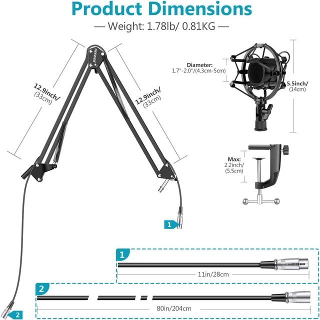 Alt view image 2 of 7 - Neewer NW-35 Metal Suspension Boom Scissor Arm Stand with Built-in XLR Male to Female Cable, Shock Mount and Table Mounting Clamp (Black)