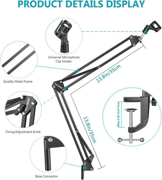 Alt view image 2 of 7 - NEEWER Adjustable Microphone Suspension Boom Scissor Arm Stand, Max Load 1 KG Compact Mic Stand for Radio Broadcasting, Voice-Over, Stage and TV Stations, Compatible with Blue Yeti Snowball Yeti X,etc