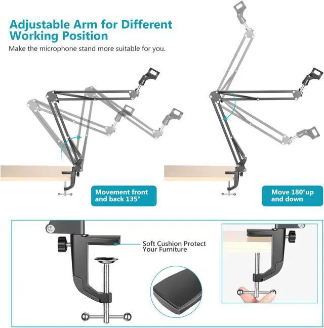 Alt view image 3 of 7 - NEEWER Adjustable Microphone Suspension Boom Scissor Arm Stand, Max Load 1 KG Compact Mic Stand for Radio Broadcasting, Voice-Over, Stage and TV Stations, Compatible with Blue Yeti Snowball Yeti X,etc