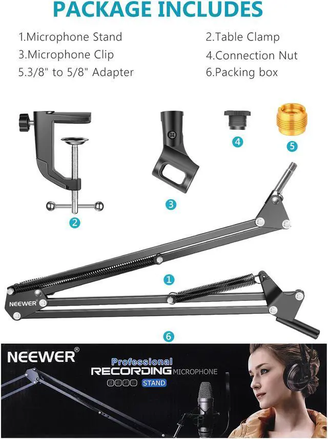 Alt view image 6 of 7 - NEEWER Adjustable Microphone Suspension Boom Scissor Arm Stand, Max Load 1 KG Compact Mic Stand for Radio Broadcasting, Voice-Over, Stage and TV Stations, Compatible with Blue Yeti Snowball Yeti X,etc