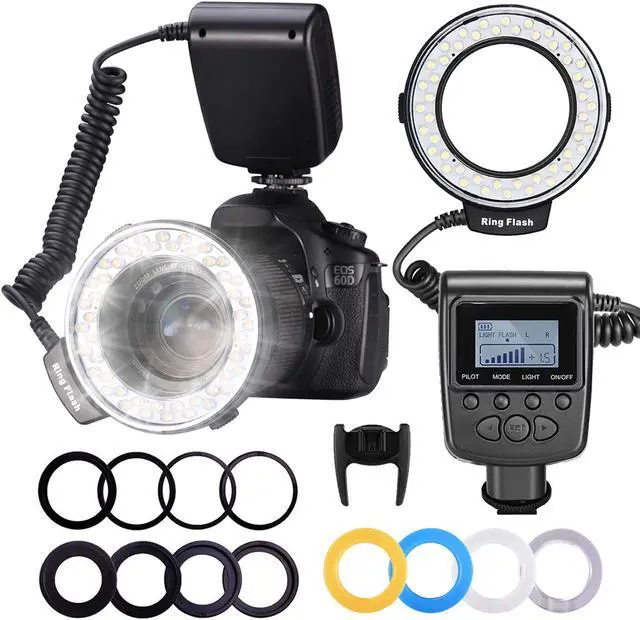 Main image of Neewer® 48 Macro LED Ring Flash Light Includes 4 Diffusers (Clear, Warming, Blue, White) For Canon, Nikon, Panasonic, Olympus, Pentax SLR Cameras (Will Fit 49, 52, 55, 58, 62, 67, 72, 77mm Lenses)