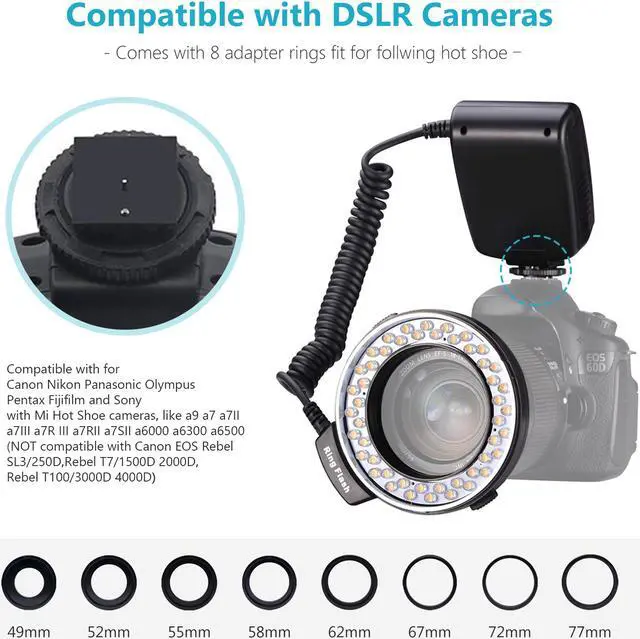 Alt view image 6 of 7 - Neewer® 48 Macro LED Ring Flash Light Includes 4 Diffusers (Clear, Warming, Blue, White) For Canon, Nikon, Panasonic, Olympus, Pentax SLR Cameras (Will Fit 49, 52, 55, 58, 62, 67, 72, 77mm Lenses)