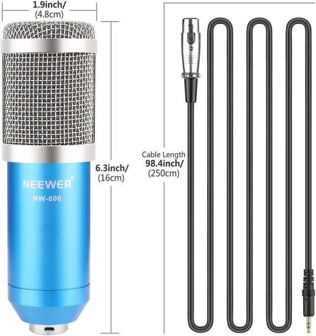 Alt view image 3 of 7 - Neewer® NW-800 Microphone Set Including (1)NW-800 Professional Condenser Microphone + (1)Microphone Shock Mount + (1)Ball-type Anti-wind Foam Cap + (1)Microphone Power Cable (Blue)