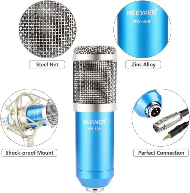 Alt view image 5 of 7 - Neewer® NW-800 Microphone Set Including (1)NW-800 Professional Condenser Microphone + (1)Microphone Shock Mount + (1)Ball-type Anti-wind Foam Cap + (1)Microphone Power Cable (Blue)