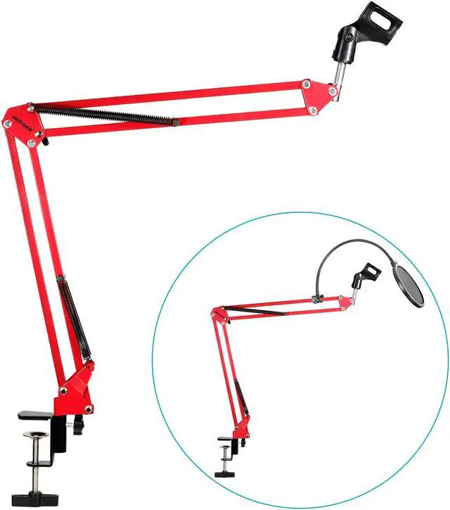 Alt view image 5 of 7 - Neewer Desktop Microphone Suspension Boom Scissor Arm Stand with Microphone Clip Holder, Table Mounting Clamp and Pop Filter Windscreen Mask Shield Kit for Studio Broadcasting, Singing, Recording(Red)