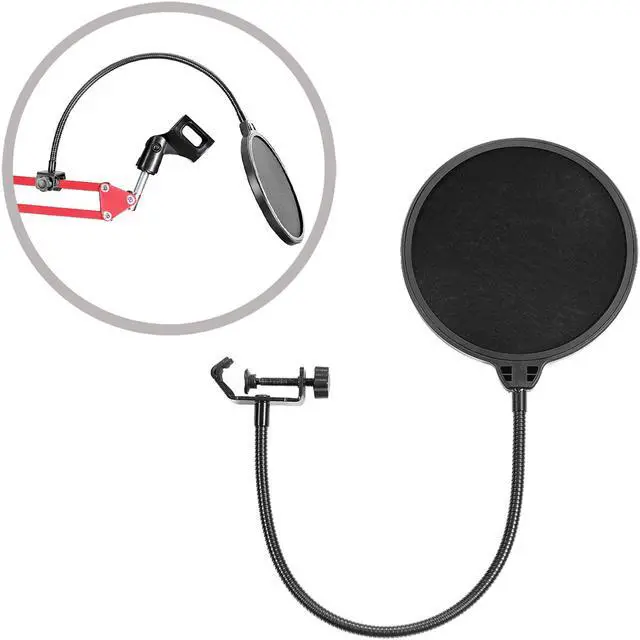 Alt view image 6 of 7 - Neewer Desktop Microphone Suspension Boom Scissor Arm Stand with Microphone Clip Holder, Table Mounting Clamp and Pop Filter Windscreen Mask Shield Kit for Studio Broadcasting, Singing, Recording(Red)
