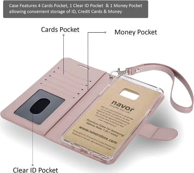 Alt view image 4 of 4 - Samsung Note 7 Folio-3 Thin Layer Wallet Case with Ear speaker hole, 5 Cards pocket and handstrap - Navor (Rose Gold)