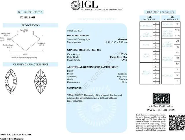Alt view image 4 of 5 - Marquise Cut Loose Diamond (1.07 Ct,Fancy Blue(Color Enhanced) Color,VVS2 Clarity) IGL Certified
