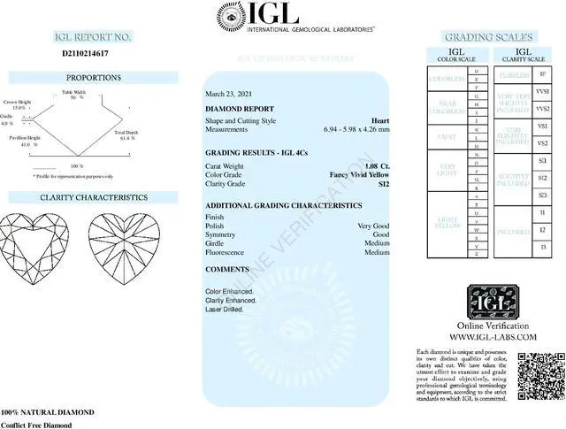 Alt view image 4 of 5 - Heart Loose Diamond (1.08 Ct,Fancy Vivid Yellow(Color Enhanced) Color,SI2(Drilled) Clarity) IGL Certified