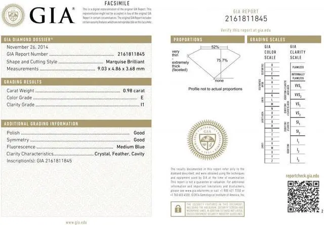Alt view image 3 of 4 - Marquise Cut Loose Diamond (0.98 Ct, E, I1) GIA Certified