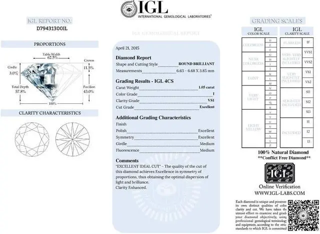 Alt view image 3 of 3 - Round Cut Loose Diamond (1.05 Ct, I, VS1(Clarity Enhanced)) IGL Certified