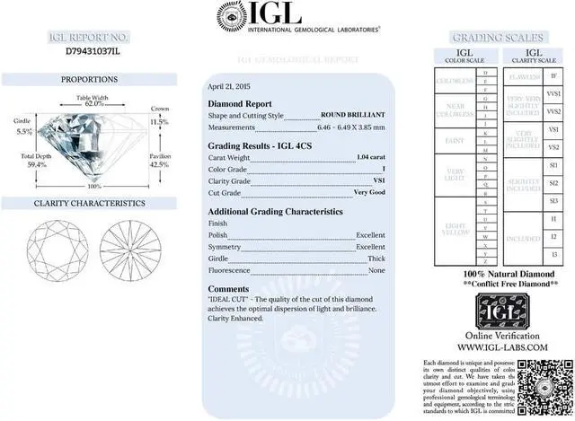 Alt view image 2 of 2 - Round Diamond Solitaire Engagement Ring 14k Yellow Gold (1.04 Ct, I Color, VS1(Clarity Enhanced) Clarity) IGL Certified