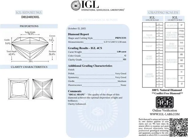 Alt view image 2 of 2 - Princess Cut Loose Diamond (1 Ct, G, SI1(Clarity Enhanced)) IGL Certified