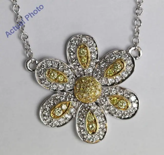 Main image of 18k White Gold Round Cut Diamond Pave Setting Flower Pendant (0.5 Ct, Natural Fancy Yellow & White Diamonds, SI2 Clarity)