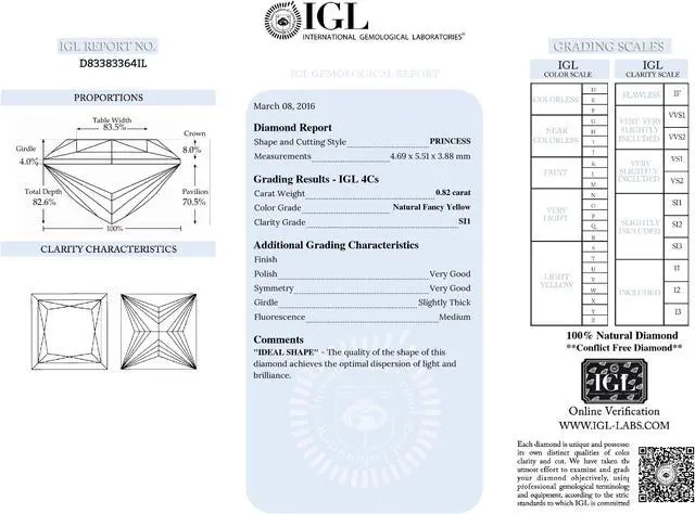 Alt view image 4 of 5 - Princess Cut Loose Diamond (0.82 Ct, Natural Fancy Yellow Color, SI1 Clarity) IGL Certified