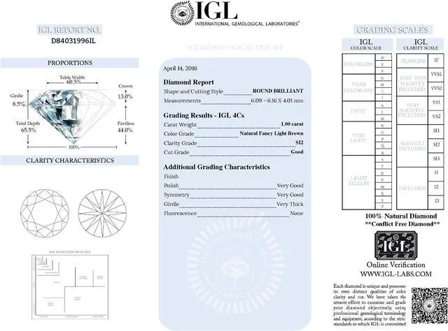 Alt view image 4 of 5 - Round Cut Loose Diamond (1 Ct, Natural Light Fancy Brown Color, SI2 Clarity) IGL Certified