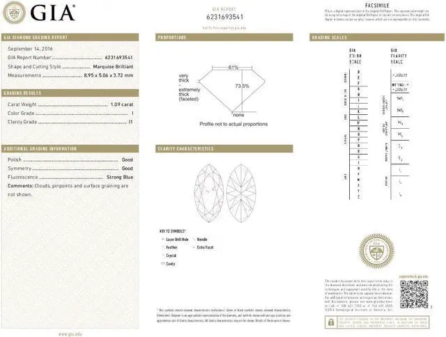 Alt view image 2 of 5 - Marquise Diamond Solitaire Engagement Ring, 14k White Gold (1.09 Ct, I Color, I1 Clarity) GIA Certified