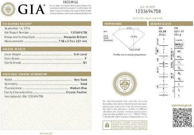 Alt view image 4 of 5 - Marquise Cut Loose Diamond (0.44 Ct, F Color, SI1 Clarity) GIA Certified