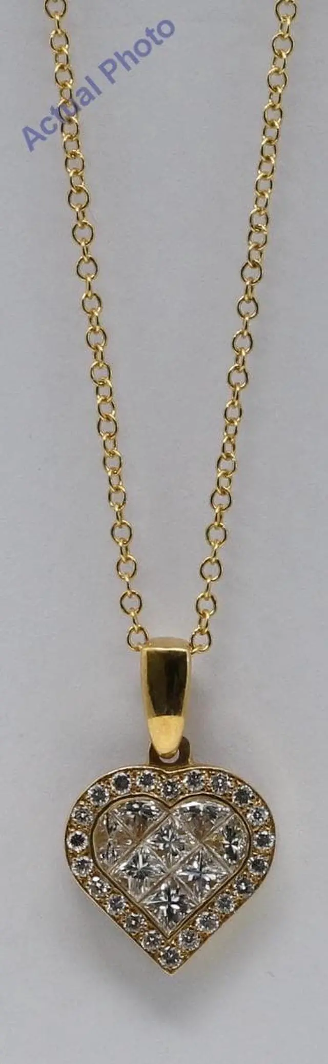 Alt view image 3 of 3 - 18k Yellow Gold Princess & Round heart elegant modern classic diamond pendant with set bezel(1.02 ct, H, SI)