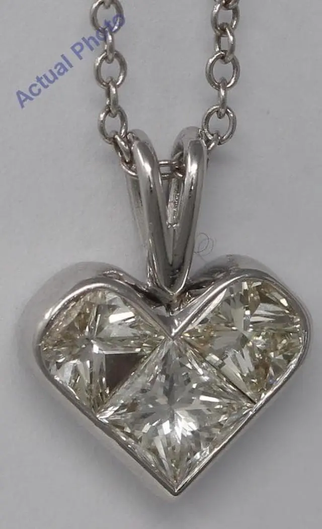 Alt view image 2 of 2 - 18k White Three Stone Princess Invisible heart elegant motif modern classic diamond pendant(1.26 ct, J, VS)