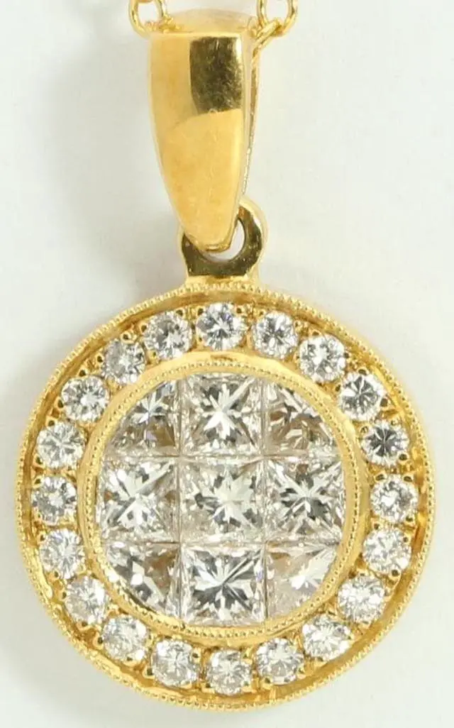 Alt view image 2 of 3 - 18k Yellow Gold Princess & Round elegant circular modern diamond pendant with set bezel(1.07 ct, H, VS)