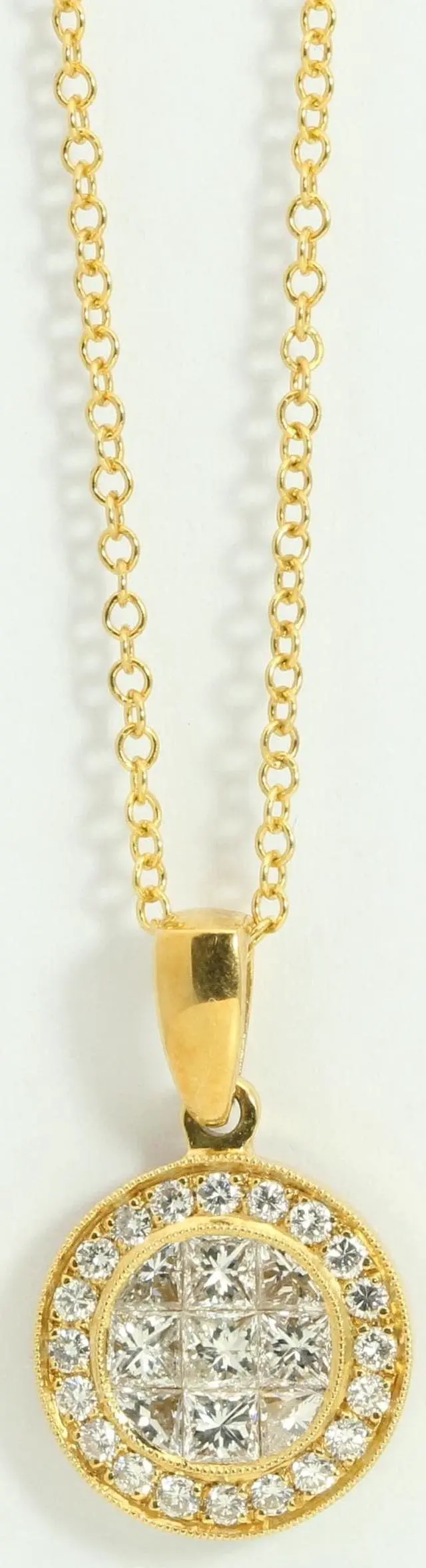 Alt view image 3 of 3 - 18k Yellow Gold Princess & Round elegant circular modern diamond pendant with set bezel(1.07 ct, H, VS)