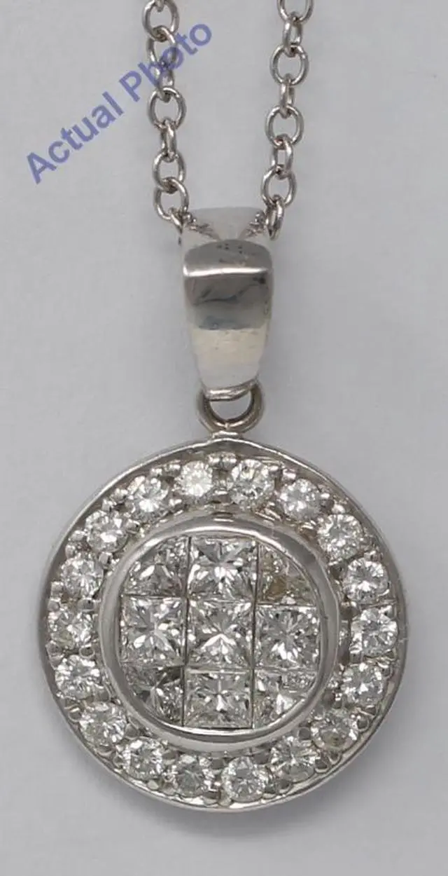 Main image of 18k White Princess & Round elegant circular modern classic diamond pendant with set bezel(1.05 ct, H, VS)