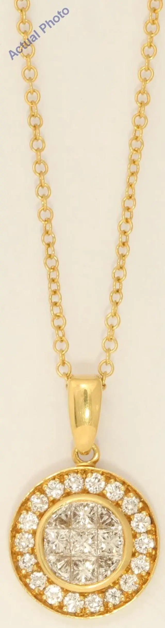 Alt view image 3 of 3 - 18k Yellow Gold Princess & Round elegant circular modern diamond pendant with set bezel(1.01 ct, H, VS)