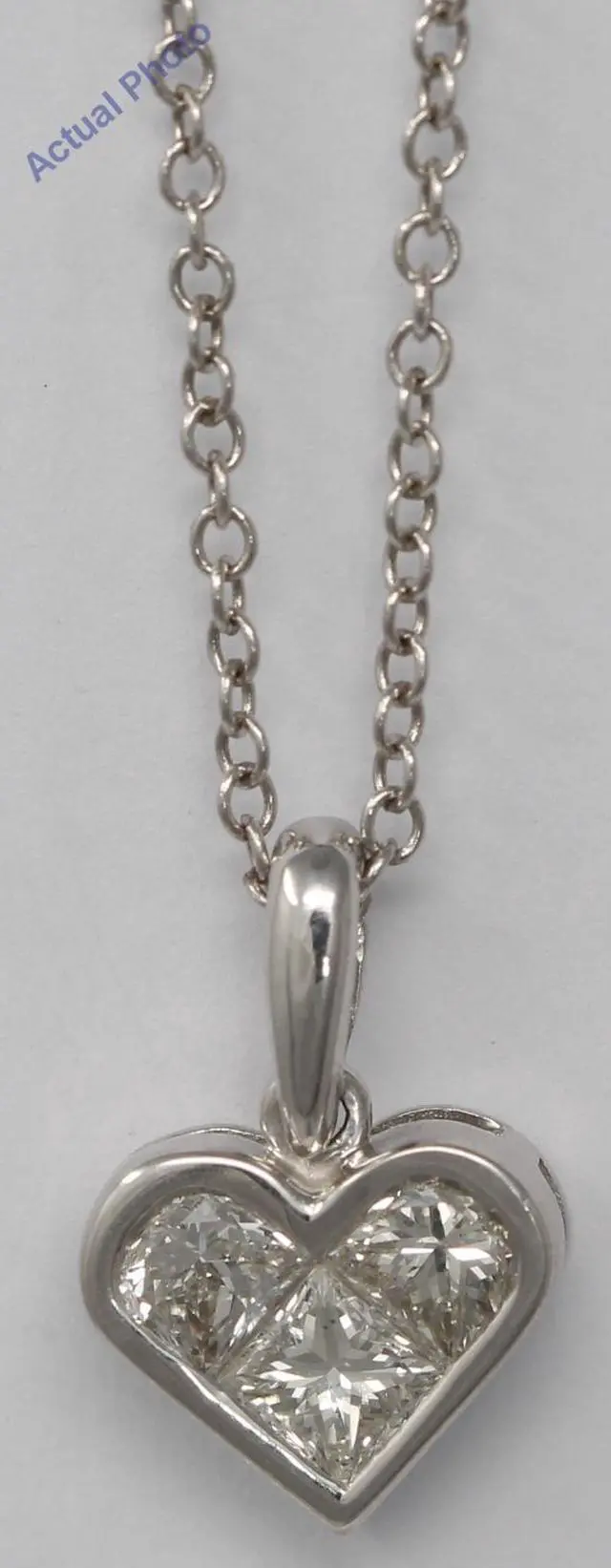 Alt view image 3 of 3 - 18k White Three Stone Princess Invisible heart elegant motif modern classic diamond pendant(0.82 ct, H, SI)