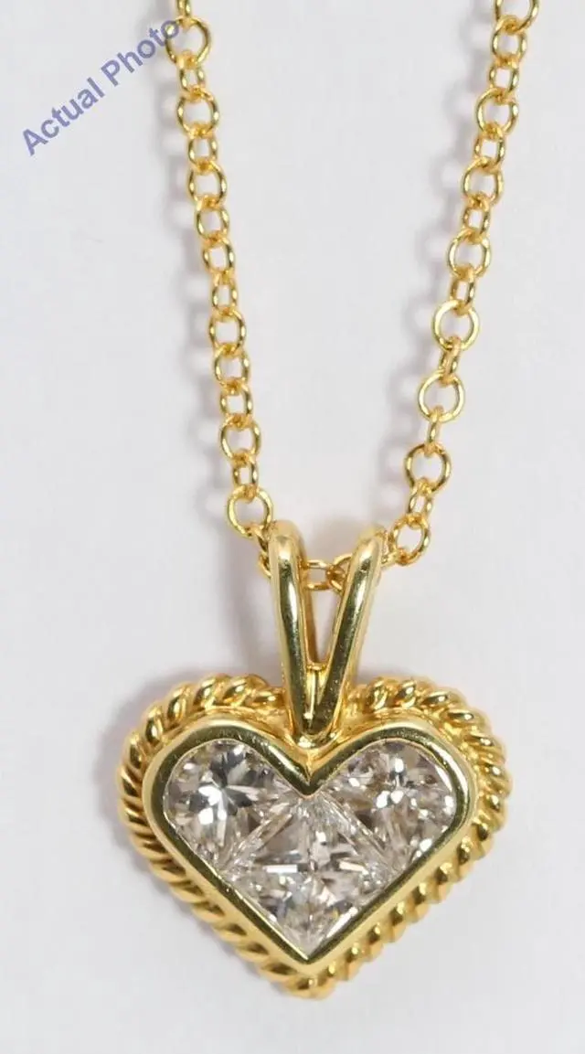 Alt view image 2 of 3 - 18k Yellow Gold Three Stone Princess Invisible heart rope design motif diamond pendant(1.05 ct, H, SI)