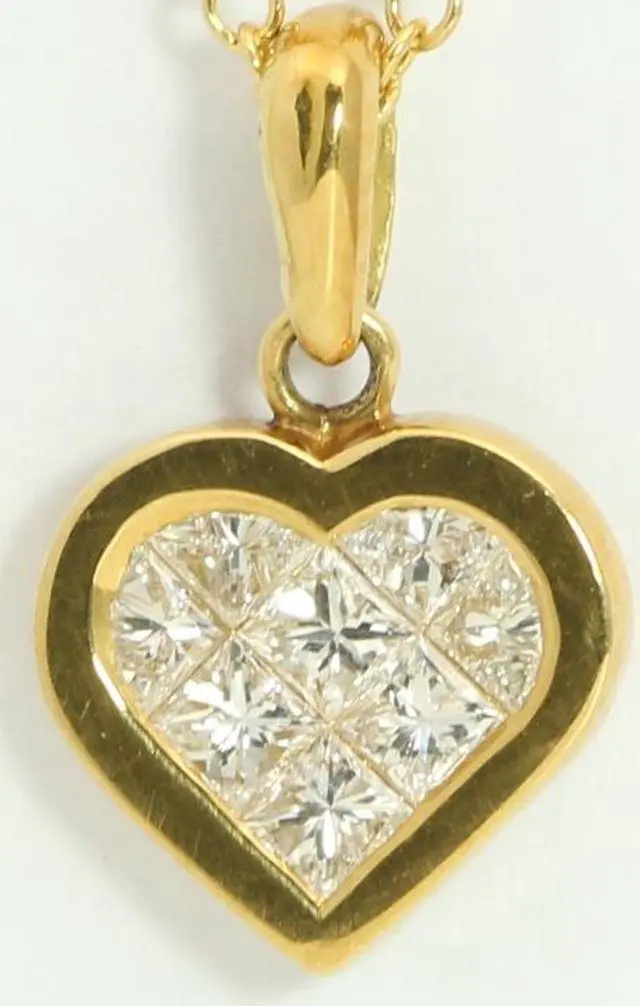 Alt view image 2 of 3 - 18k Yellow Gold Princess Invisible Setting heart fashionable modern classic diamond pendant (0.49 Ct, H, SI1)