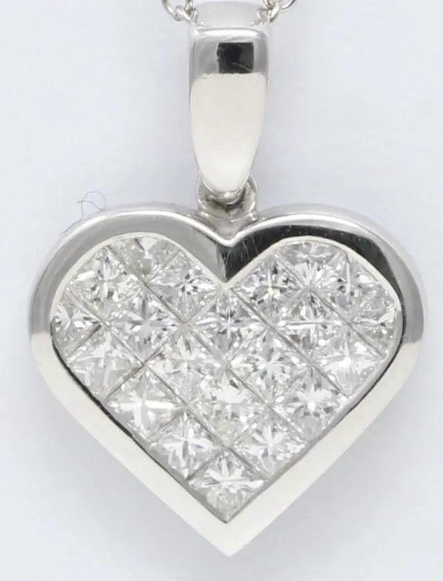 Alt view image 2 of 3 - 18k White Gold Princess Invisible Setting heart stylish modern classic diamond pendant (1.1 Ct, H , SI1 )