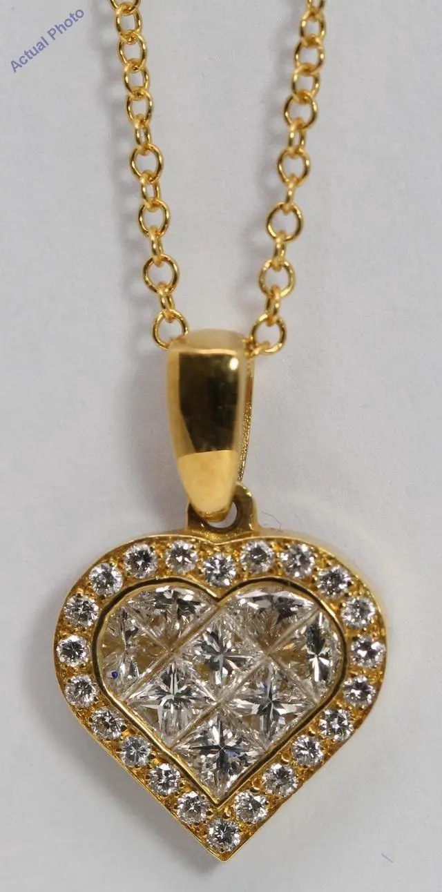 Alt view image 2 of 3 - 18k Yellow Gold Princess & Round heart elegant modern classic diamond pendant with set bezel(1.02 ct, H, SI)