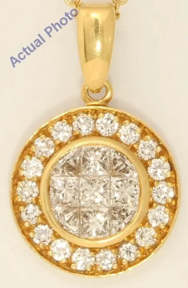 Alt view image 2 of 3 - 18k Yellow Gold Princess & Round elegant circular modern diamond pendant with set bezel(1.01 ct, H, VS)