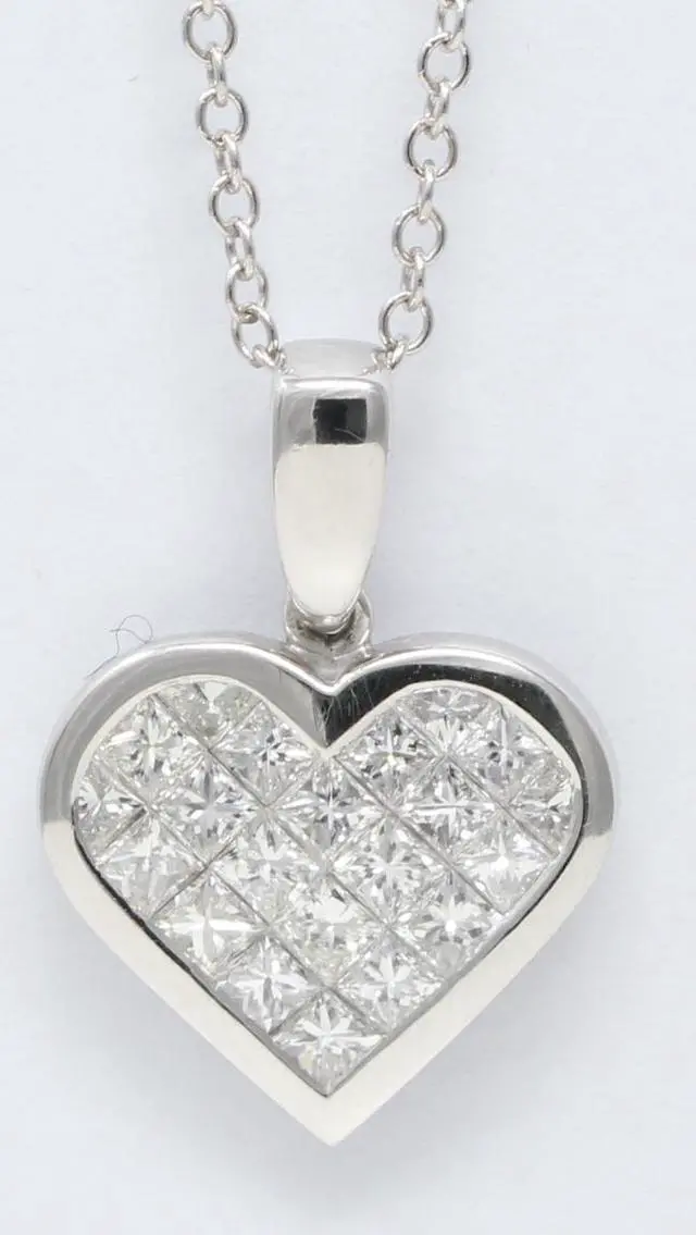 Main image of 18k White Gold Princess Invisible Setting heart stylish modern classic diamond pendant (1.1 Ct, H , SI1 )