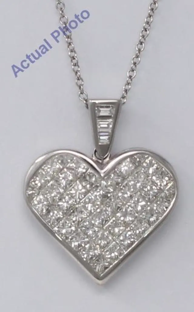 Alt view image 3 of 3 - 18k White Gold Princess & Baguette Invisibly Set heart elegant modern classic diamond pendant(5.4 ct, H, VS)